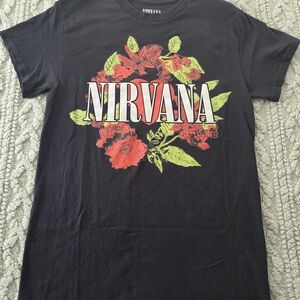 NIRVANA Black Tee with Red and Green Floral Design